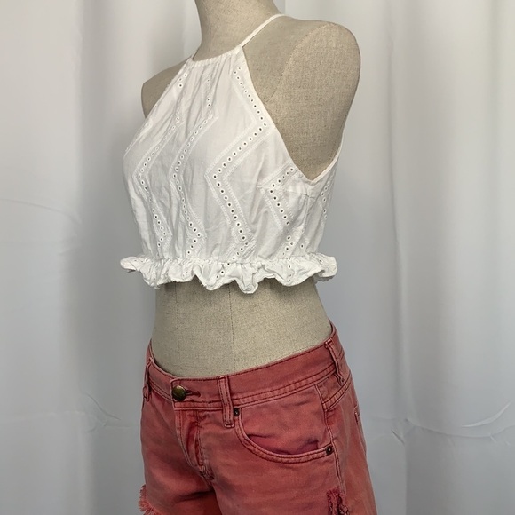 Forever 21, Eyelet Cotton Embroidered Ruffle Crop Halter Top-White, Sz S - Picture 9 of 10